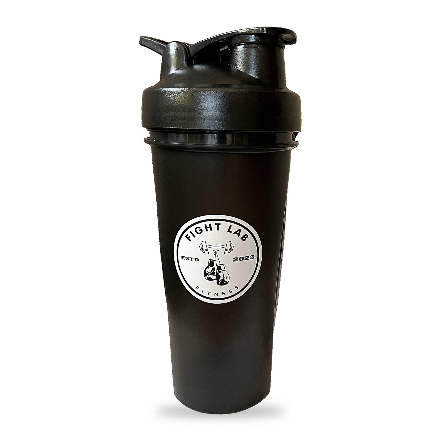 Fight Lab Shaker Cup 24oz in black with the Fight Lab Fitness logo, lid closed