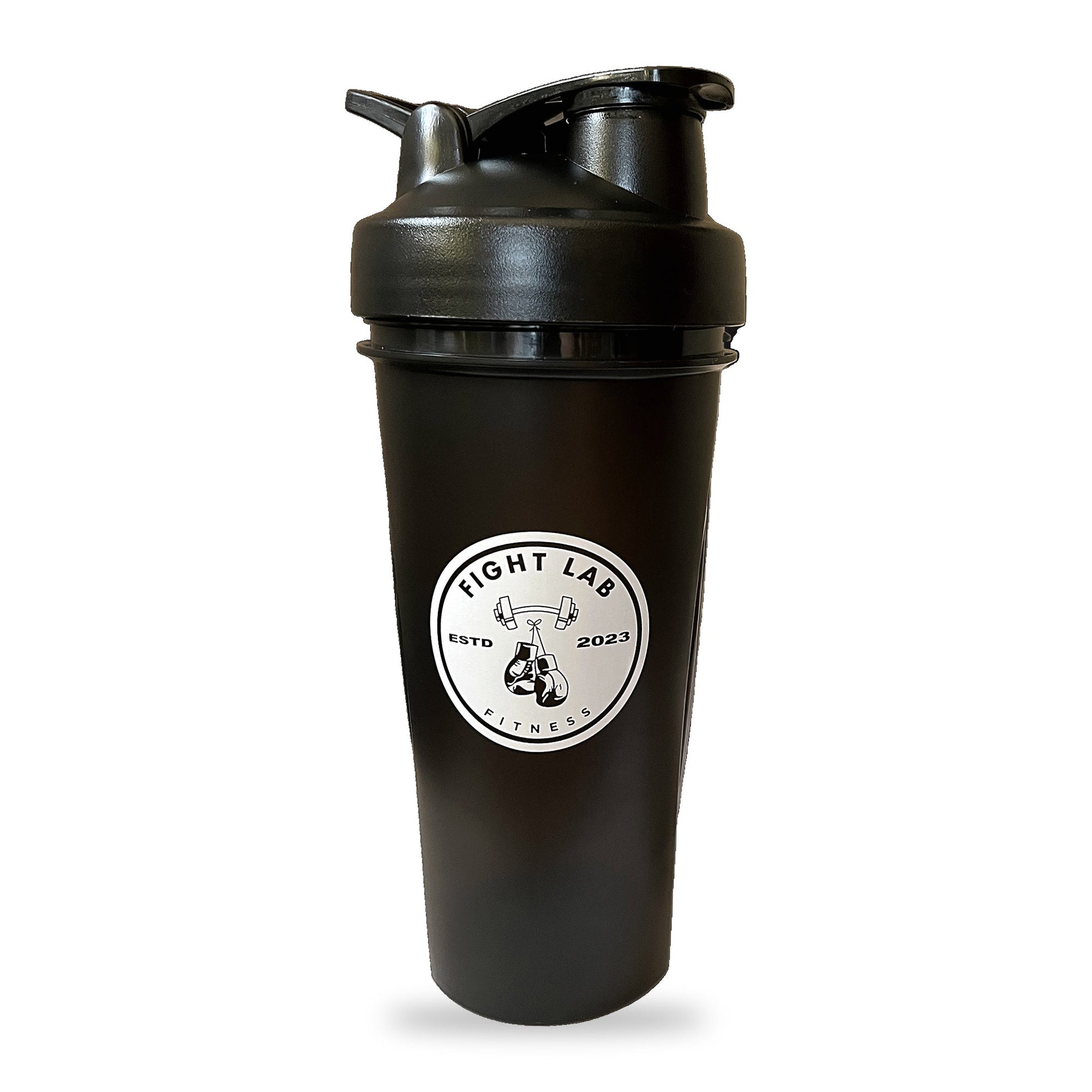Fight Lab Shaker Cup 24oz in black with the Fight Lab Fitness logo, lid closed