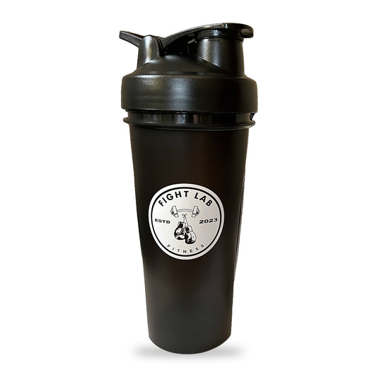 Fight Lab Shaker Cup 24oz in black with the Fight Lab Fitness logo, lid closed